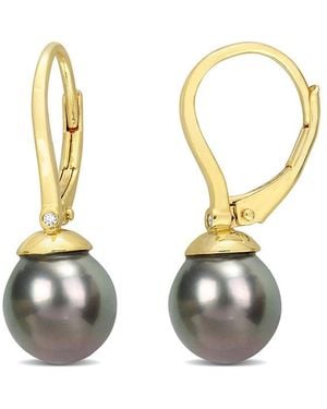Rina Limor Gold Over Silver 0.01 Ct. Tw. Diamond 8-8.5mm Pearl Earrings - Metallic