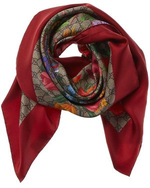 Gucci GG Flora Print Silk Scarf - Red