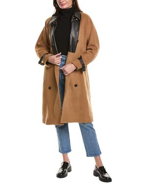 The Kooples Belted Leather-trim Wool-blend Coat - Brown