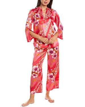Natori 2Pc Magnolia Printed Satin Pajama Set - Red