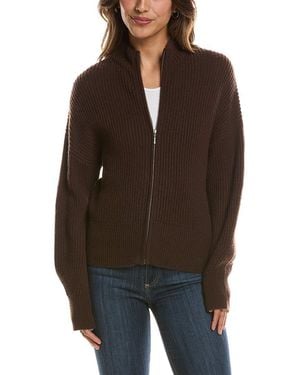 Forte Rib Zip Mock Neck 100% Cashmere Cardigan - Brown