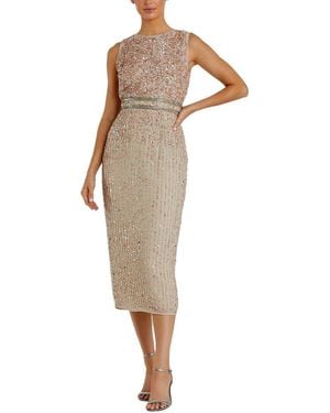 Mac Duggal Sleeveless High Neck Beaded Midi Sheath Dress - Natural