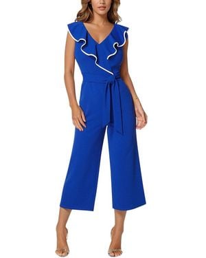 Bebe Scuba Crepe Ruffle V-Neck Jumpsuit - Blue