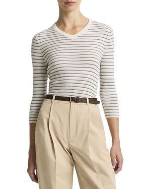 Vince Striped High V-Neck Cashmere & Silk-Blend Jumper - Grey