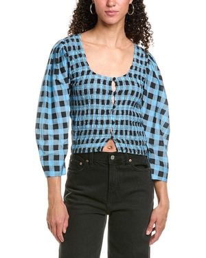 Ganni Smocked Silk-blend Blouse - Blue