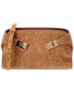 Ferragamo Hug Mini Croc-Embossed Suede Crossbody - Brown