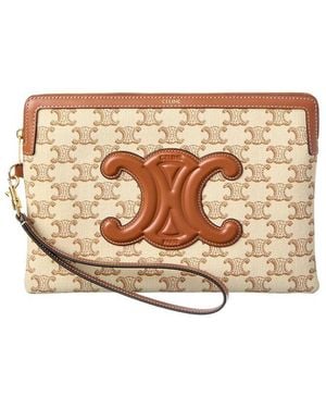 Celine Small Triomphe Canvas & Leather Pouch With Strap - Natural