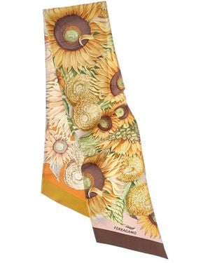 Ferragamo Sunflower Print Silk Scarf - Metallic