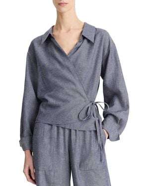 Vince Collared Linen-Blend Wrap Top - Blue