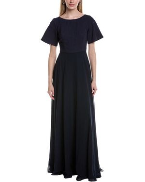 Rene Ruiz Boat Neck Chiffon A-Line Gown - Blue