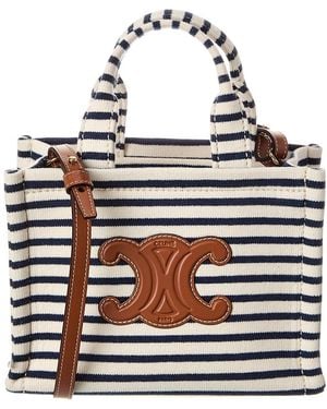 Celine Mini Cabas Striped Triomphe Canvas & Leather Tote - White