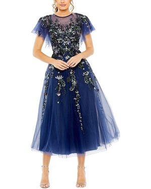 Mac Duggal Flutter Sleeve High Neck Embellished Floral Dress - Blue