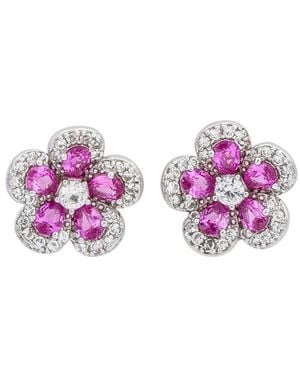 Suzy Levian Silver 0.02 Ct. Tw. Diamond & Gemstone Flower Earrings - Pink
