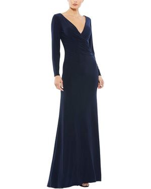 Mac Duggal Long Sleeve Ruched Jersey V-Neck Gown - Blue