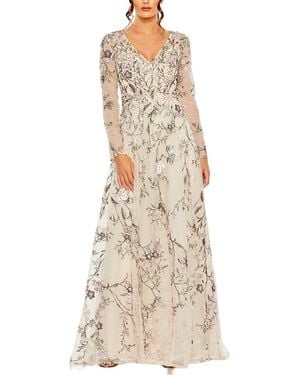 Mac Duggal V-neck Long Sleeve Embroidered Gown - Natural