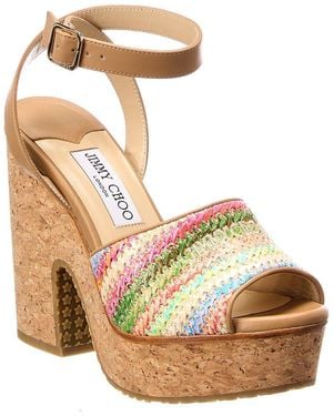 Jimmy Choo Deven 125 Raffia & Leather Wedge Sandal - Metallic