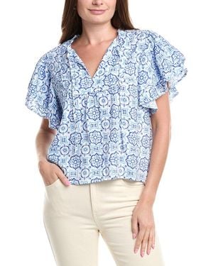 Sail To Sable Ruffle Sleeve Linen-Blend Top - Blue