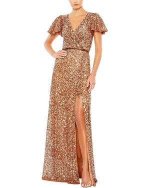 Mac Duggal Sequined Wrap Over Butterfly Sleeve Column Gown - Brown