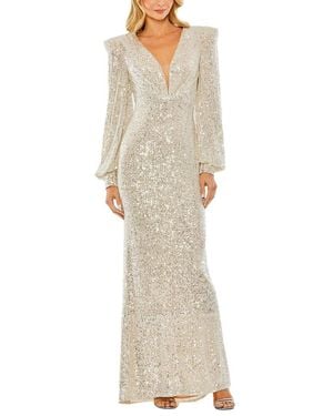 Mac Duggal Sequined Plunge Neck Structured Bishop Sleeve Gown - Natural