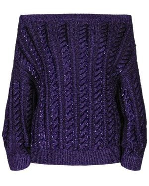 Valentino Off-The-Shoulder Metallic Cable Knit Sweater - Blue