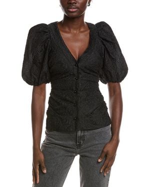 Ganni Jacquard Organza Gathered V-neck Blouse - Black