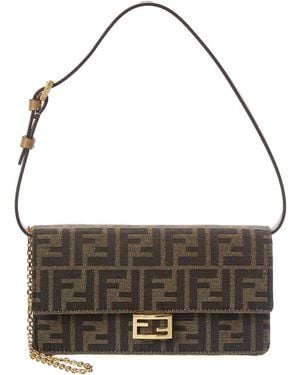 Fendi Baguette Ff Jacquard & Leather Wallet On Chain - Grey