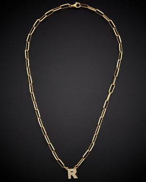 Italian Gold Over Silver 18k Italian Gold Vermeil 0.15 Ct. Tw. Diamond Initial Paperclip Necklace - Black