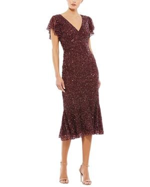Mac Duggal Sequined V Neck Flutter Cap Sleeve Trumpet Dress - Red
