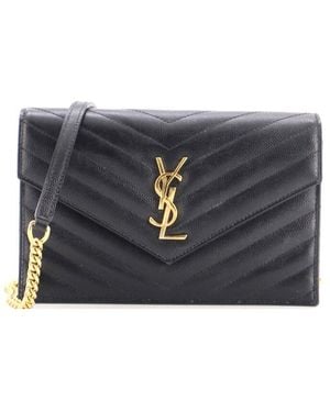 Saint Laurent Matelasse Chevron Leather Classic Monogram Wallet On Chain Small (Authentic Pre-Loved) - Gray