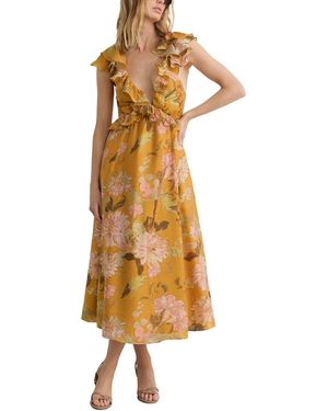 Reiss Lucy Floral Print Frill Trim Midi Dress - Metallic