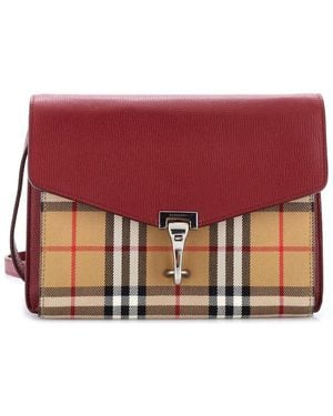 Burberry Burgundy Leather & Vintage Check Canvas Small Macken Crossbody Small (Authentic Pre-Loved) - Red
