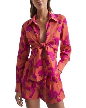 Reiss Corrine Tie Front Floral Linen Shirt - Red