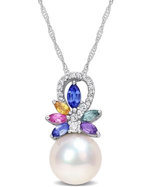 Rina Limor 14k 0.92 Ct. Tw. Diamond & Sapphire 9.5-10mm Pearl Flower Pendant Necklace - Multicolour