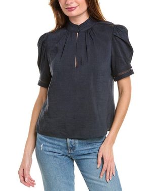 FRAME Ruffle Collar Inset Lace Linen-Blend Top - Black