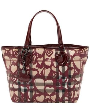 Burberry Beige Leather Nova Check Painted Hearts Tote (authentic Pre-loved) - Red