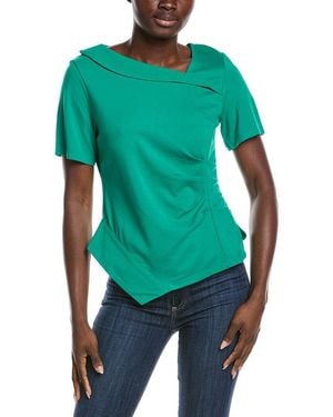 Gracia Asymmetrical Neck Ruched Detail Solid Top - Green