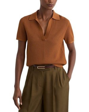 Reiss Pippa Open Stitch Knitted Polo Top - Brown