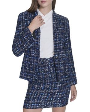 Halston Tweed Belted Blazer - Blue