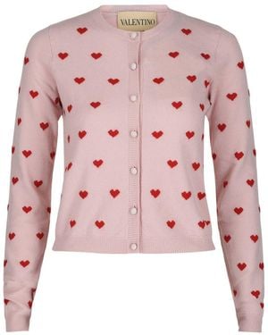 Valentino Heart Print Virgin Wool Cardigan - Pink