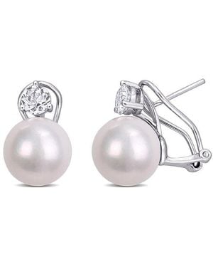 Pearls Silver 1.18 Ct. Tw. White Topaz & 11-12mm Freshwater Pearl Earrings