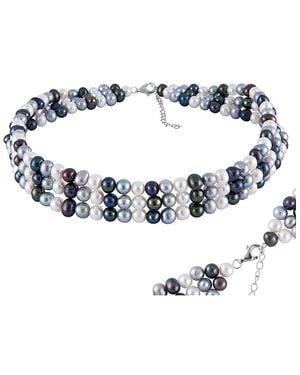 Splendid Rhodium Plated Silver 5-6mm Freshwater Pearl Choker Necklace - Blue