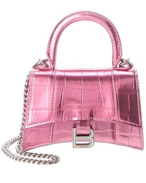 Balenciaga Hourglass Mini Top Handle Croc-Embossed Leather Crossbody - Pink