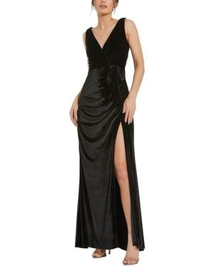 Mac Duggal Deep V High Slit Draped Velvet Fitted Gown - Black