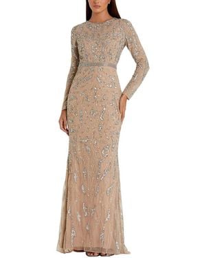 Mac Duggal Beaded Long Sleeve High Neck Column Gown - Natural