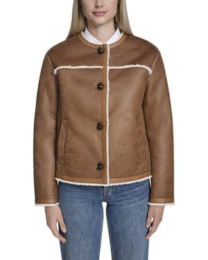 Cole Haan Waxed Suede Shearling Collarless Jacket - Brown