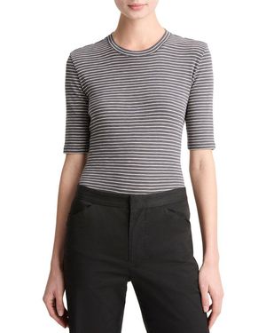 Vince Striped Elbow Sleeve Crewneck Top - Grey