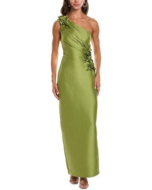 Badgley Mischka One Shoulder Flower Gown - Green