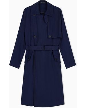 Giorgio Armani Double-Breasted Washed Cupro Coat With A Belt Icon - Blue