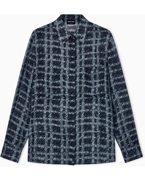 Giorgio Armani Shirt Regular Fit Check Silk Chiffon With Patch Pockets - Blue