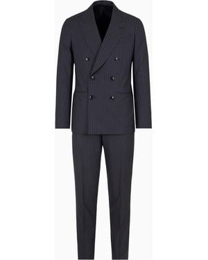 Giorgio Armani Napoli Line Double-Breasted Pinstriped Suit - Blue